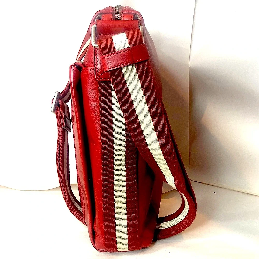 BALLY Red Leather Top Zip Messenger Shoulder Bag w/ Red White Striped Strap